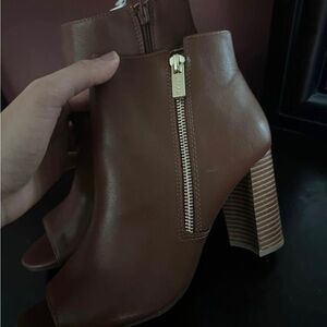Women’s Brown Leather Peep-Toe Ankle Boots with Side Zip NWT